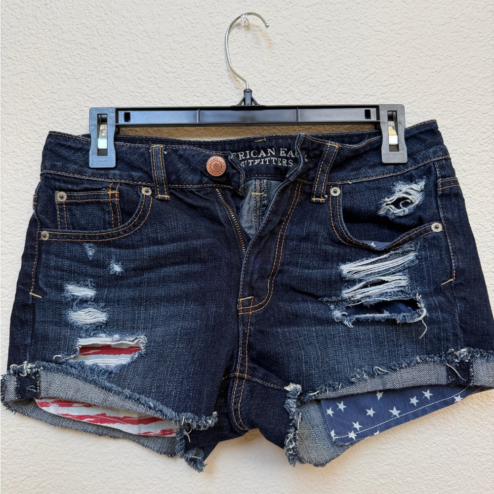 American Eagle Outfitters Women's Dark Blue Jean Shorts with Flag Detail